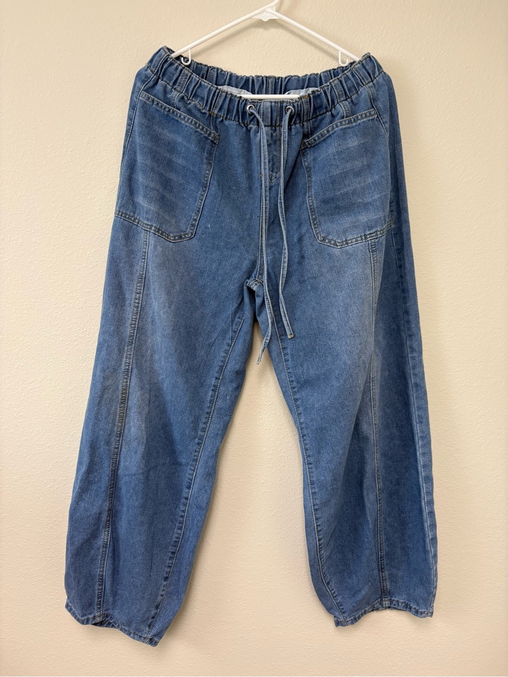 Women’s Blue Denim Baggy Tapered Jeans Elastic Waist Drawstring Pockets Size M